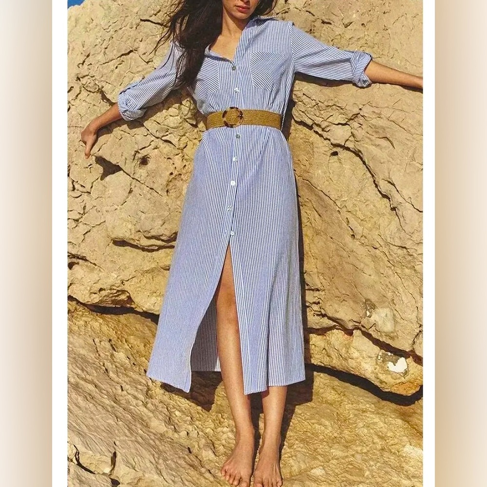 Zara Women’s Striped Long Sleeve Belted Midi Dress Blue & White Size Medium